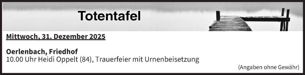  Traueranzeige für Totentafel vom 31.12.2025 vom 31.12.2025 aus MGO