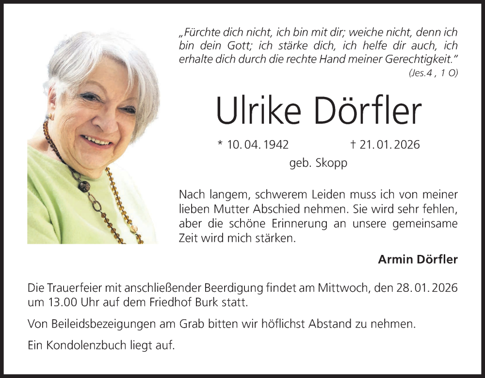  Traueranzeige für Ulrike Dörfler vom 24.01.2026 aus MGO