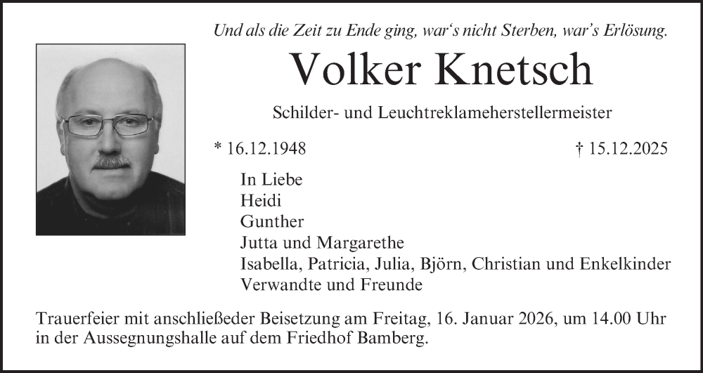  Traueranzeige für Volker Knetsch vom 10.01.2026 aus MGO