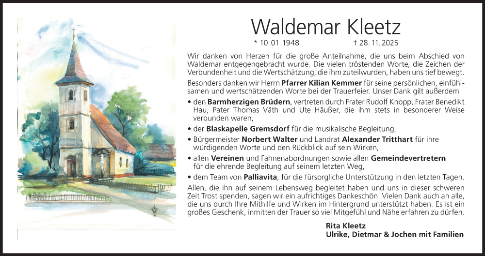  Traueranzeige für Waldemar Kleetz vom 10.01.2026 aus MGO