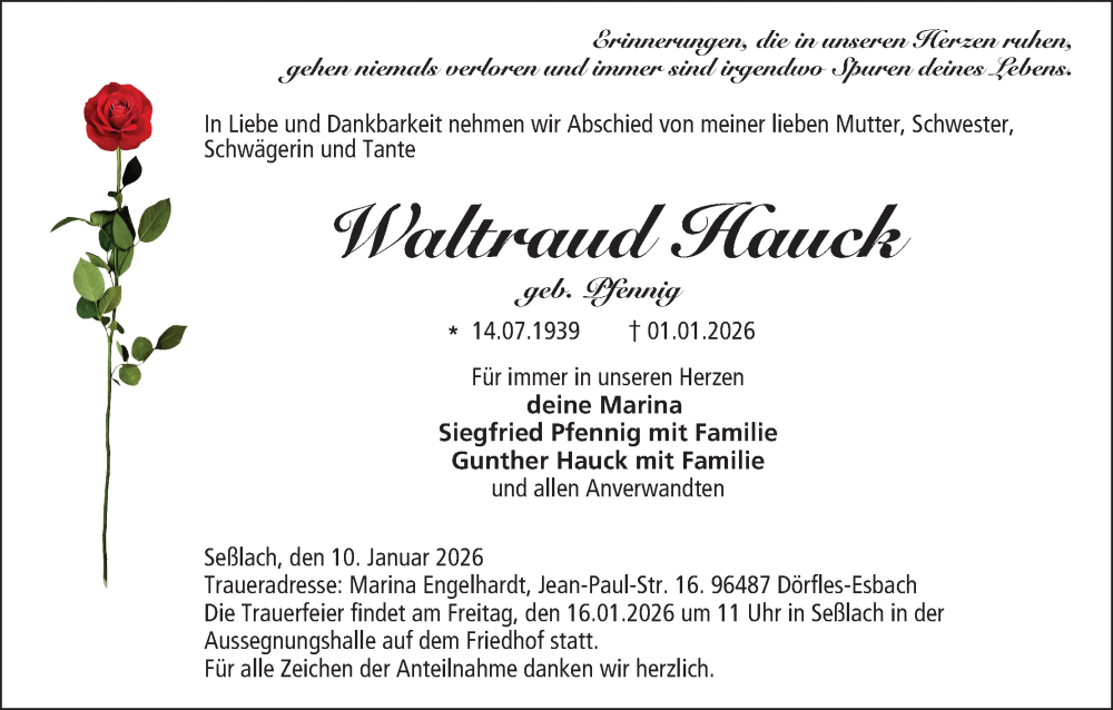  Traueranzeige für Waltraud Hauck vom 10.01.2026 aus MGO