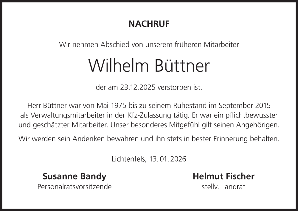  Traueranzeige für Wilhelm Büttner vom 19.01.2026 aus MGO
