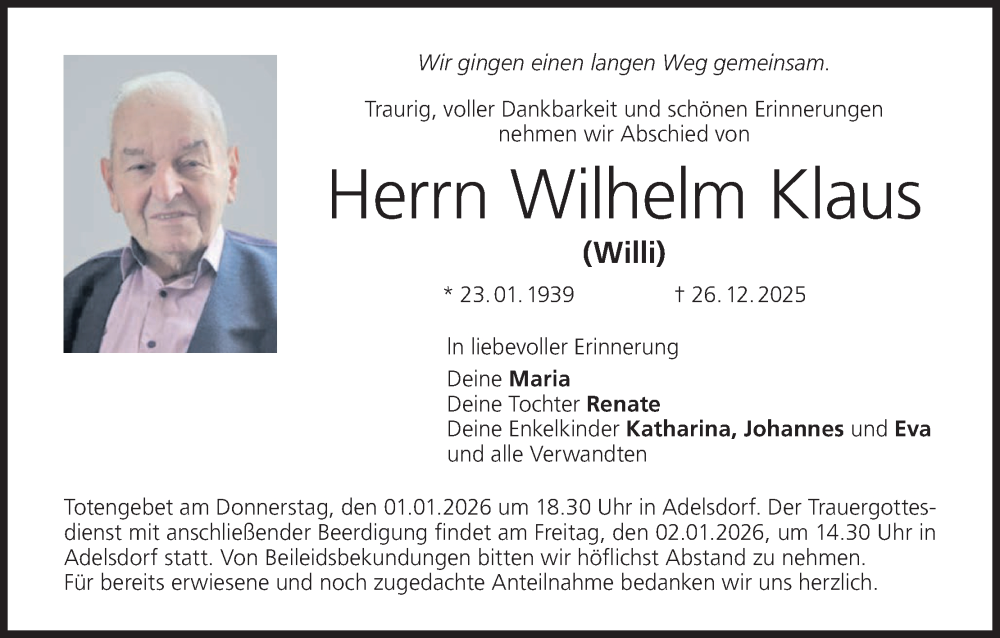  Traueranzeige für Wilhelm Klaus vom 31.12.2025 aus MGO