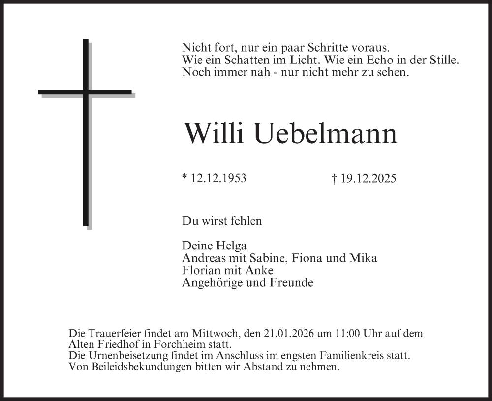  Traueranzeige für Willi Uebelmann vom 17.01.2026 aus MGO