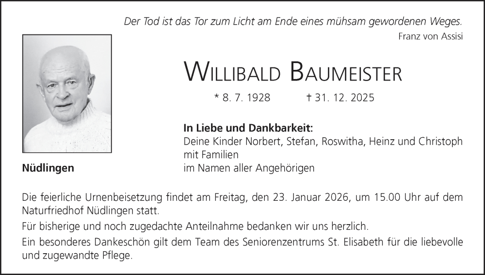  Traueranzeige für Willibald Baumeister vom 17.01.2026 aus MGO