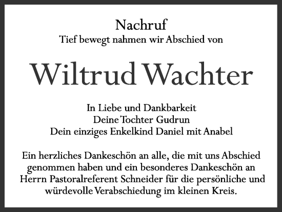 Anzeige von Wiltrud Wachter von MGO