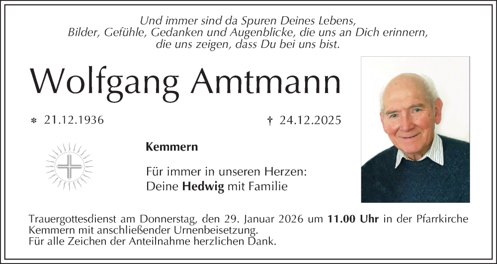  Traueranzeige für Wolfgang Amtmann vom 24.01.2026 aus MGO
