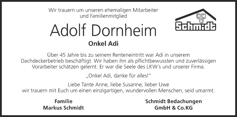  Traueranzeige für Adolf Dornheim vom 16.02.2026 aus MGO