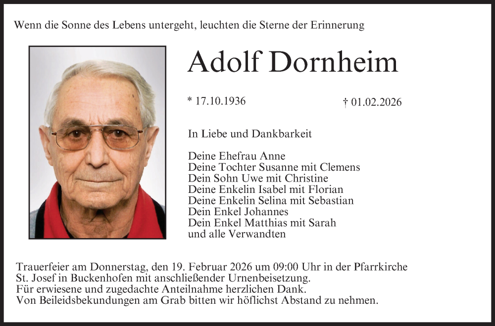 Traueranzeige für Adolf Dornheim vom 16.02.2026 aus MGO