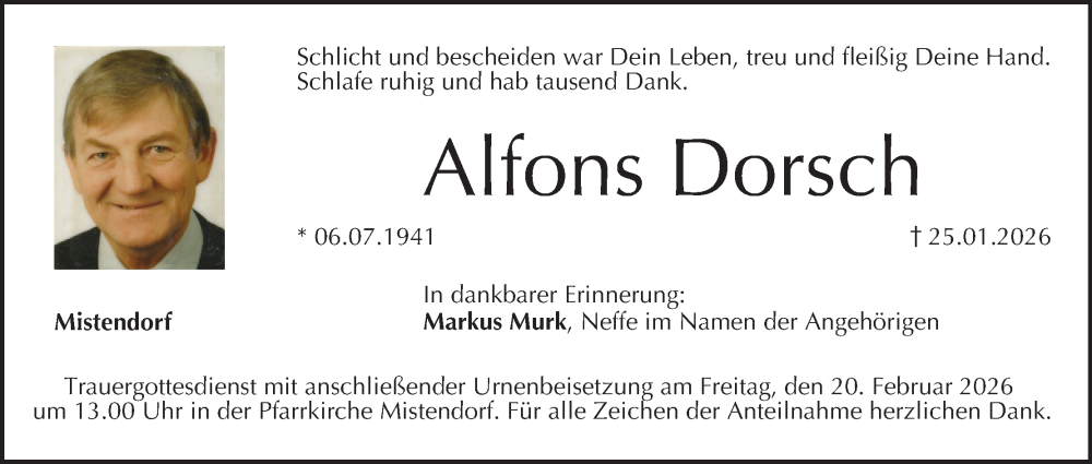  Traueranzeige für Alfons Dorsch vom 14.02.2026 aus MGO