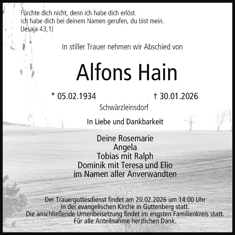  Traueranzeige für Alfons Hain vom 04.02.2026 aus MGO