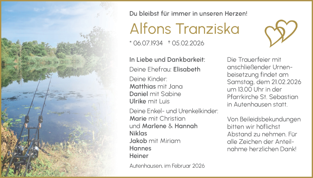  Traueranzeige für Alfons Tranziska vom 14.02.2026 aus MGO