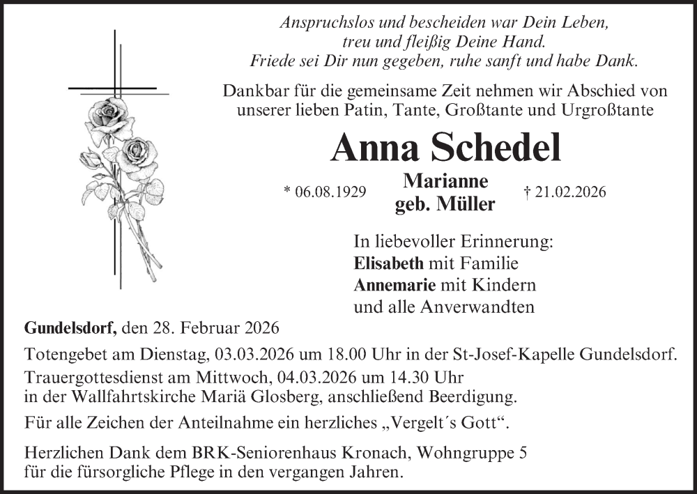  Traueranzeige für Anna Schedel vom 28.02.2026 aus MGO