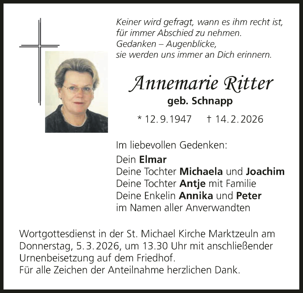  Traueranzeige für Annemarie Ritter vom 21.02.2026 aus MGO
