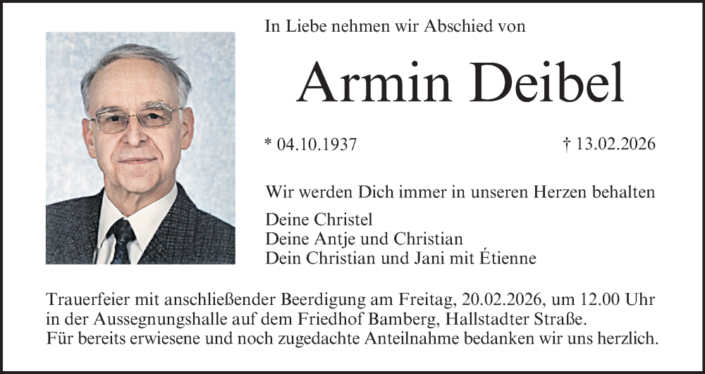  Traueranzeige für Armin Deibel vom 18.02.2026 aus MGO