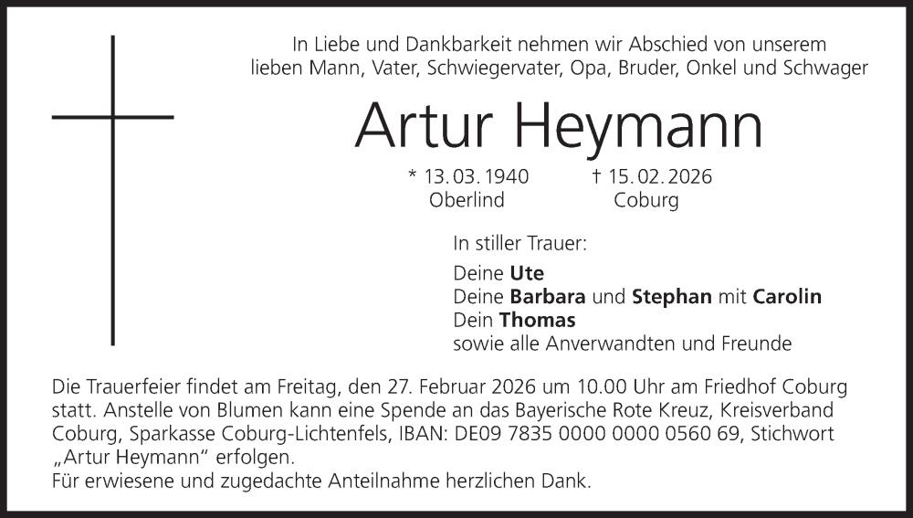  Traueranzeige für Artur Heymann vom 21.02.2026 aus MGO