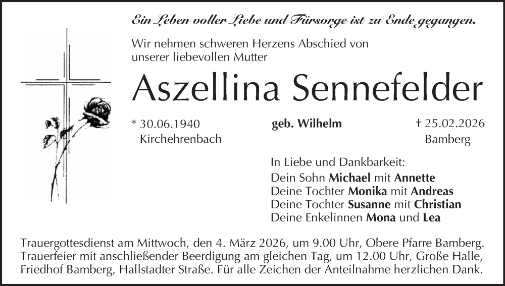  Traueranzeige für Aszellina Sennefelder vom 28.02.2026 aus MGO