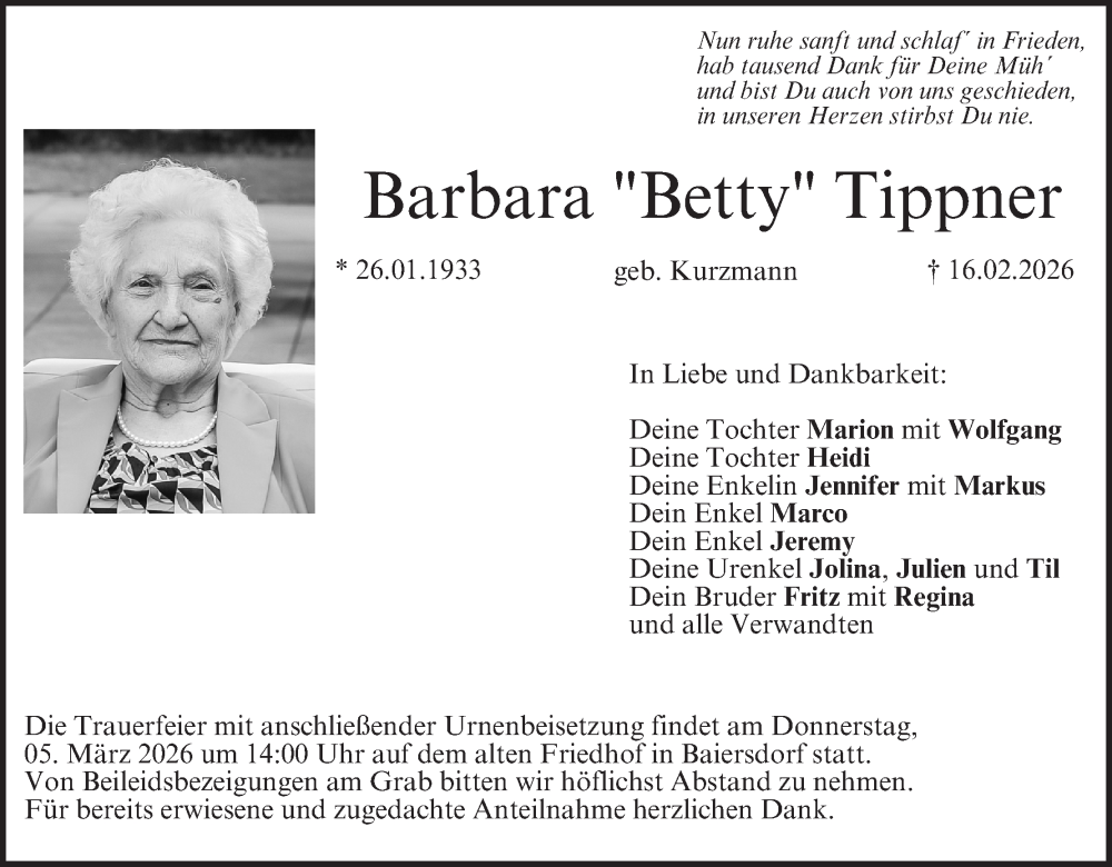  Traueranzeige für Barbara Tippner vom 28.02.2026 aus MGO