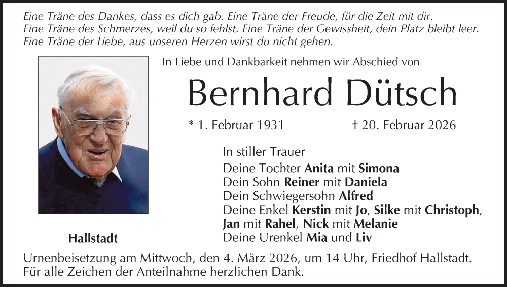  Traueranzeige für Bernhard Dütsch vom 28.02.2026 aus MGO