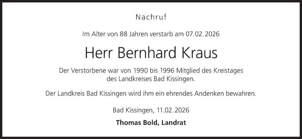  Traueranzeige für Bernhard Kraus vom 21.02.2026 aus MGO