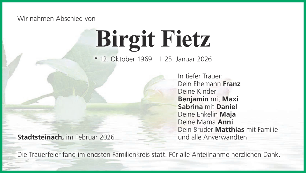  Traueranzeige für Birgit Fietz vom 21.02.2026 aus MGO