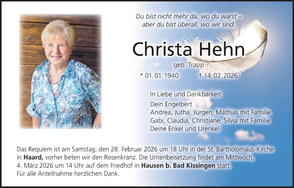  Traueranzeige für Christa Hehn vom 21.02.2026 aus MGO