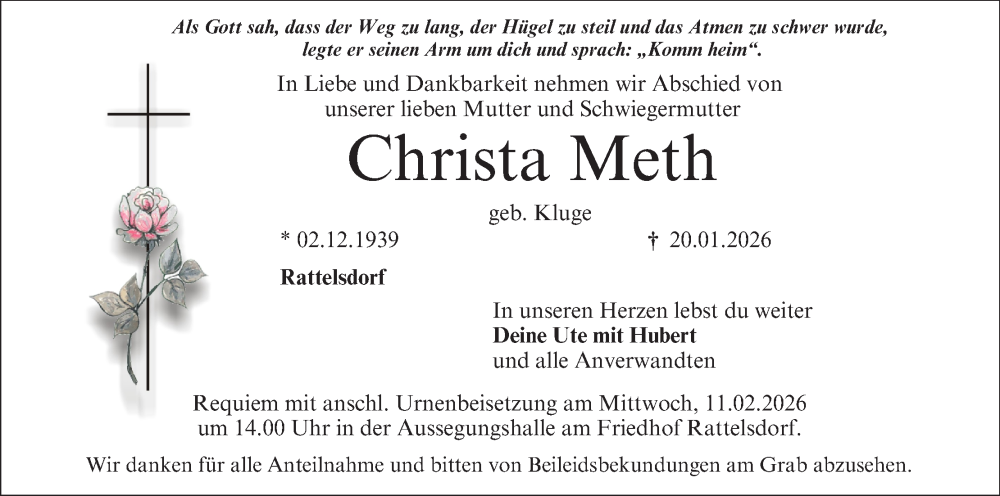  Traueranzeige für Christa Meth vom 07.02.2026 aus MGO