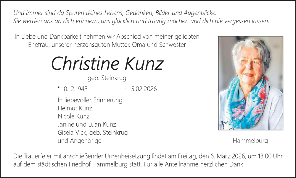  Traueranzeige für Christine Kunz vom 28.02.2026 aus MGO