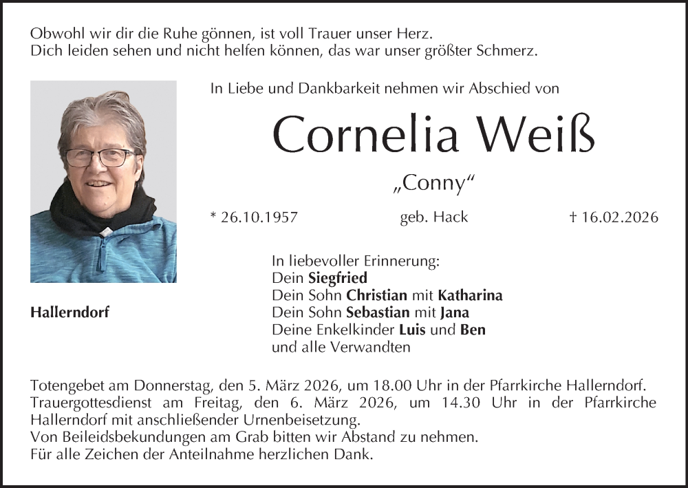  Traueranzeige für Cornelia Weiß vom 28.02.2026 aus MGO