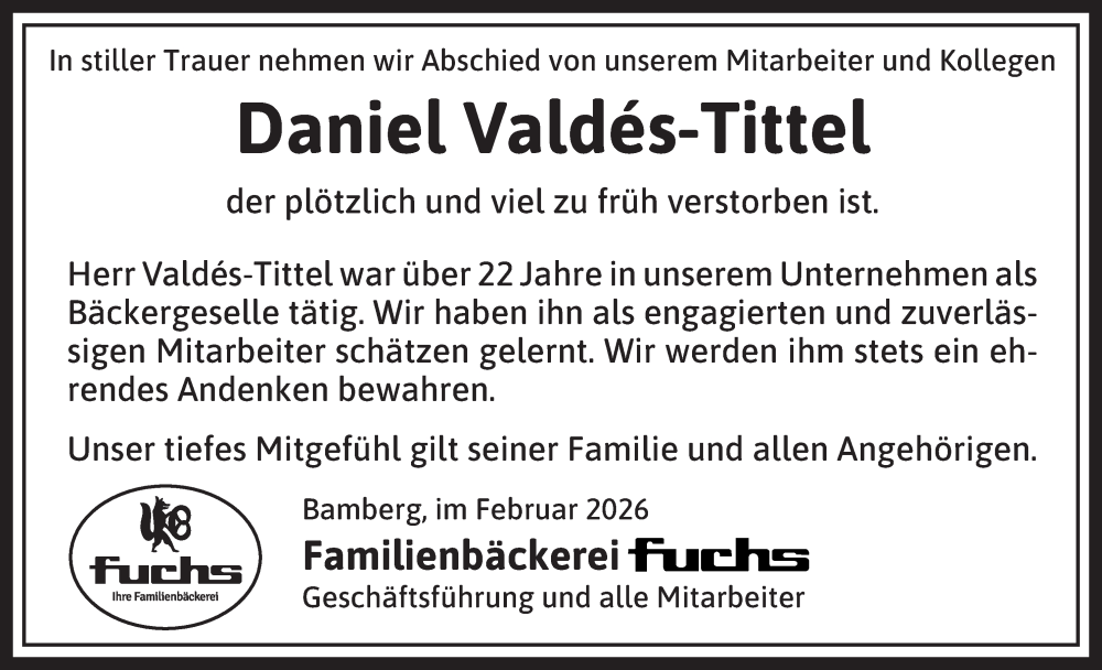  Traueranzeige für Daniel Valdés-Tittel vom 28.02.2026 aus MGO