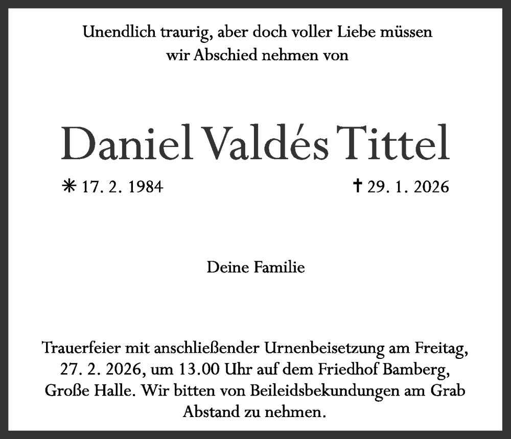  Traueranzeige für Daniel Valdés Tittel vom 21.02.2026 aus MGO