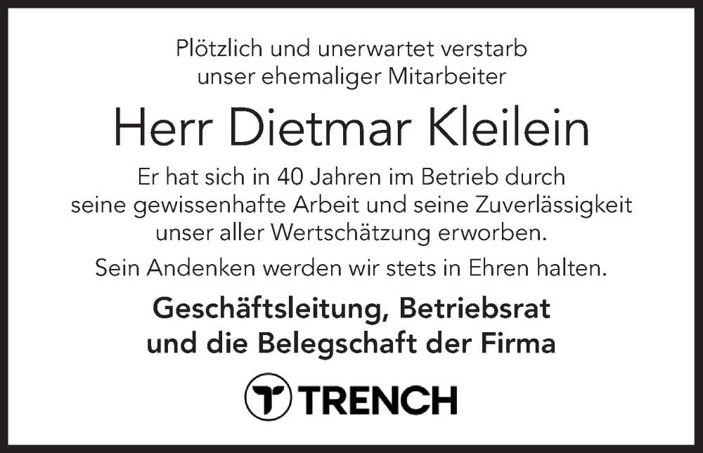  Traueranzeige für Dietmar Kleilein vom 07.02.2026 aus MGO