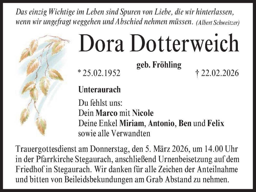  Traueranzeige für Dora Dotterweich vom 28.02.2026 aus MGO