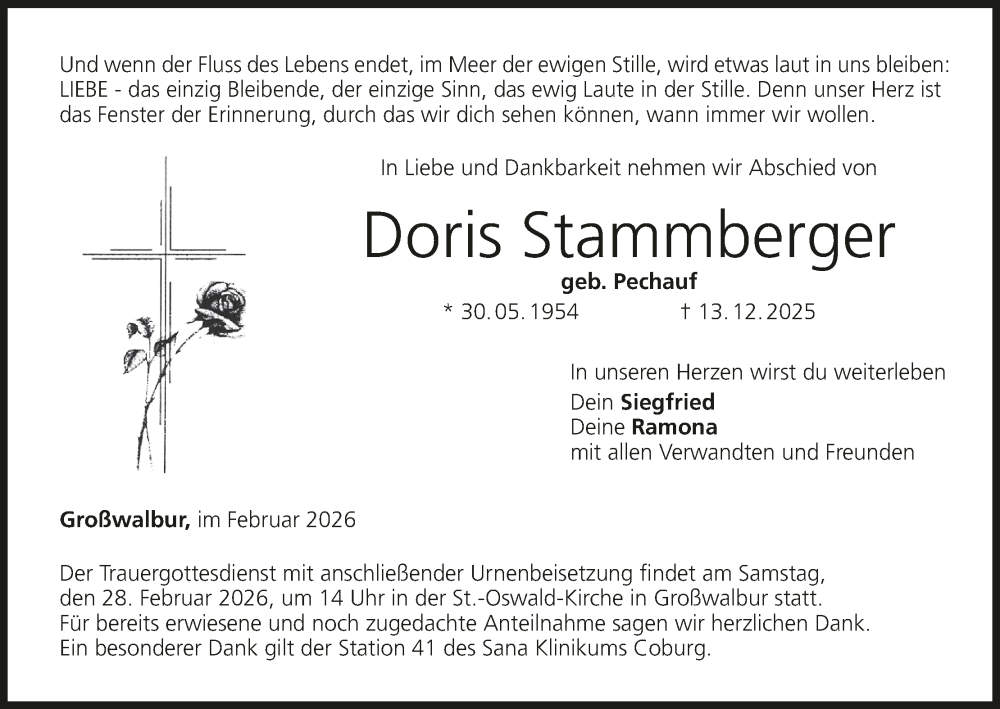  Traueranzeige für Doris Stammberger vom 21.02.2026 aus MGO
