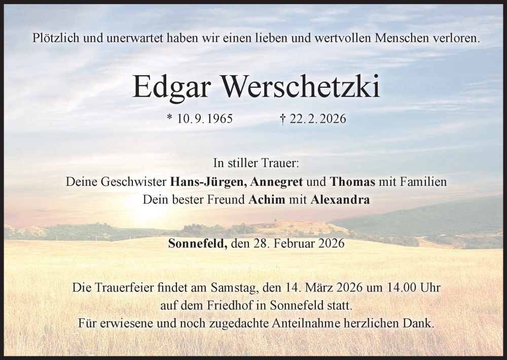  Traueranzeige für Edgar Werschetzki vom 28.02.2026 aus MGO