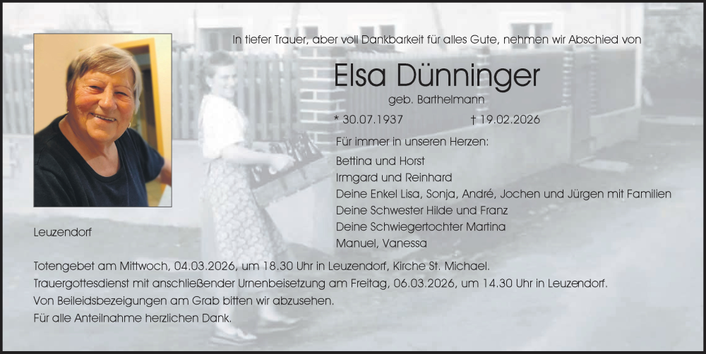  Traueranzeige für Elsa Dünninger vom 28.02.2026 aus MGO