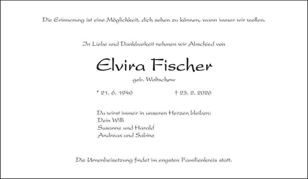  Traueranzeige für Elvira Fischer vom 28.02.2026 aus MGO