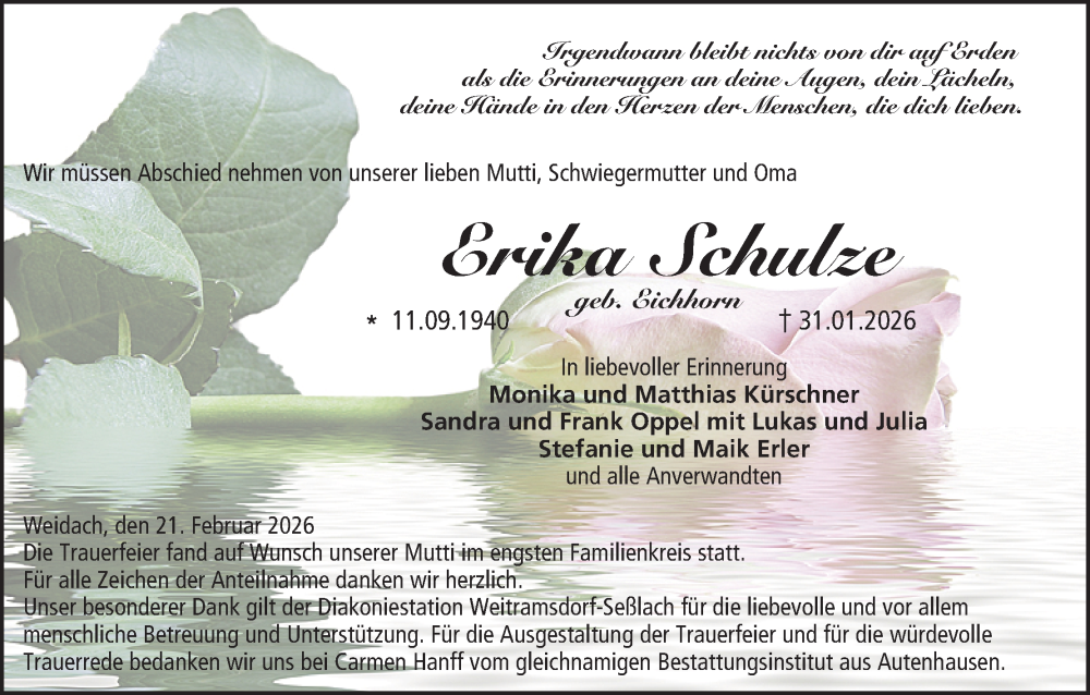  Traueranzeige für Erika Schulze vom 21.02.2026 aus MGO