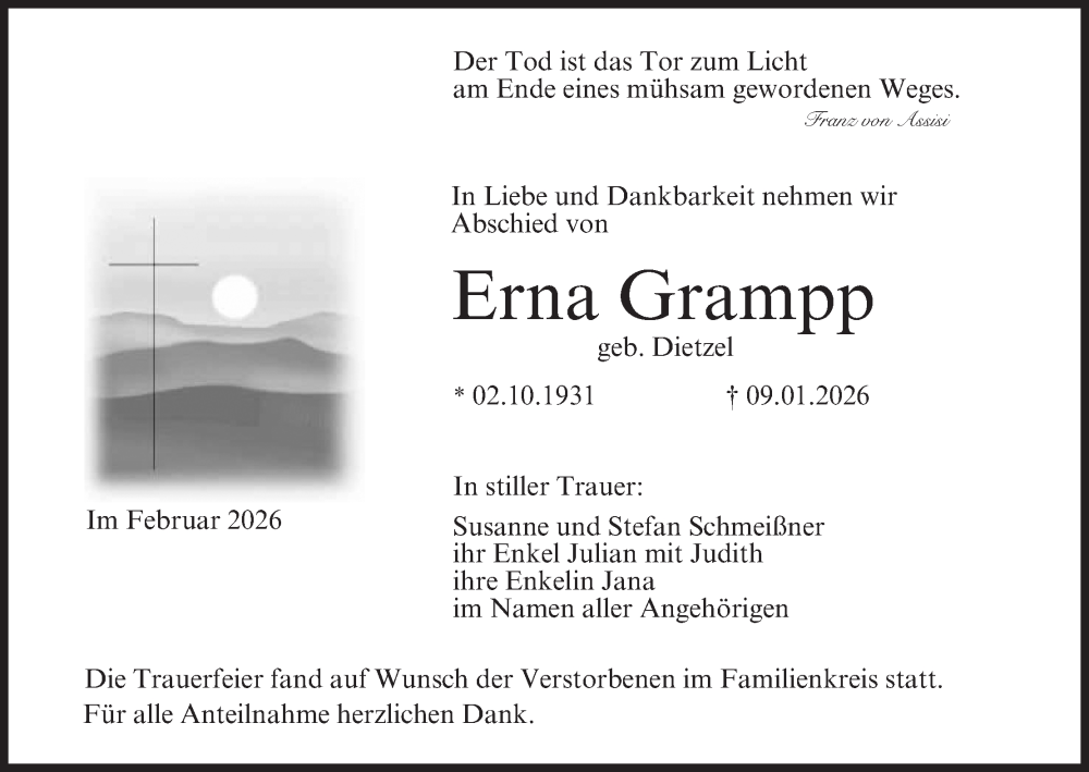  Traueranzeige für Erna Grampp vom 14.02.2026 aus MGO
