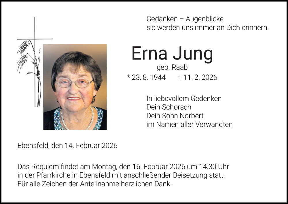  Traueranzeige für Erna Jung vom 14.02.2026 aus MGO