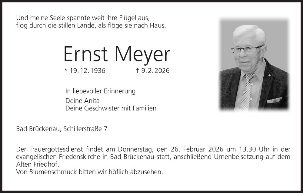  Traueranzeige für Ernst Meyer vom 21.02.2026 aus MGO