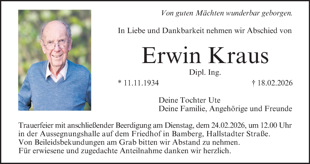  Traueranzeige für Erwin Kraus vom 21.02.2026 aus MGO
