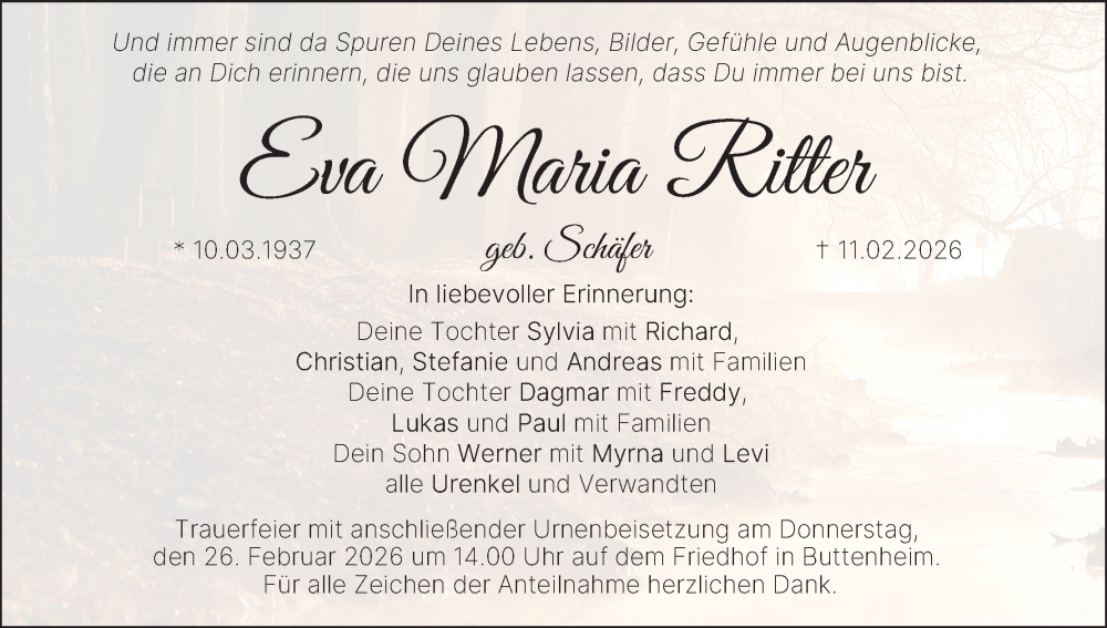  Traueranzeige für Eva Maria Ritter vom 21.02.2026 aus MGO