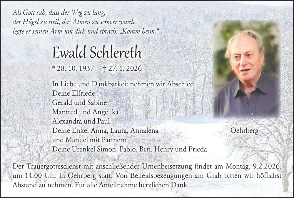  Traueranzeige für Ewald Schlereth vom 07.02.2026 aus MGO