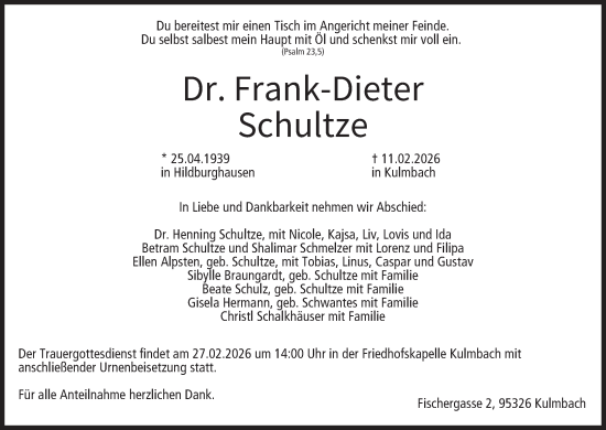 Anzeige von Frank-Dieter Schultze von MGO
