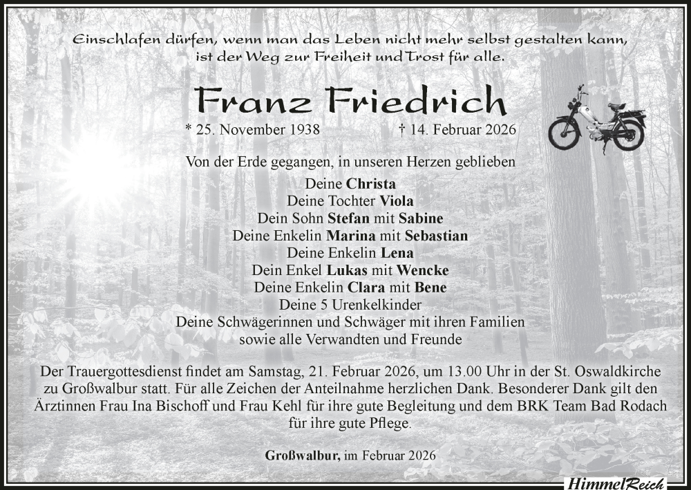  Traueranzeige für Franz Friedrich vom 18.02.2026 aus MGO