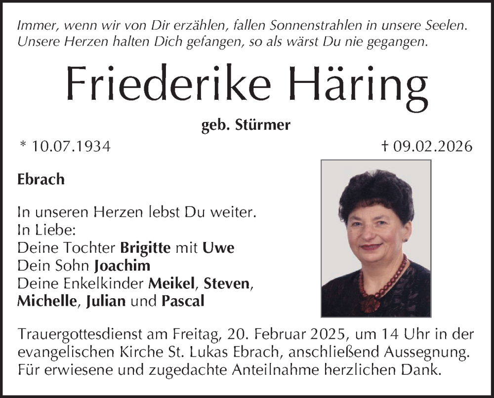  Traueranzeige für Friederike Häring vom 14.02.2026 aus MGO