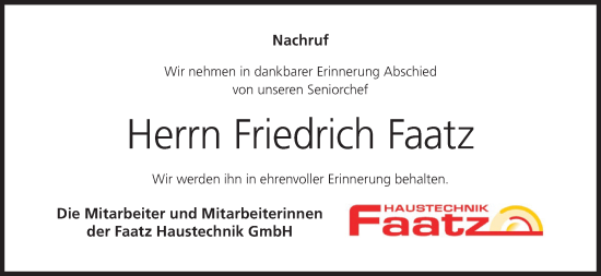 Anzeige von Friedrich Faatz von MGO