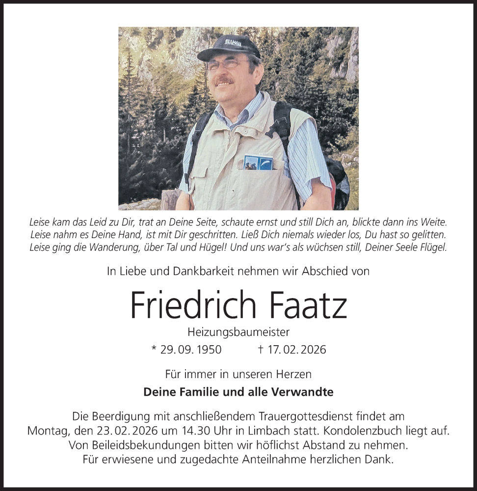  Traueranzeige für Friedrich Faatz vom 20.02.2026 aus MGO