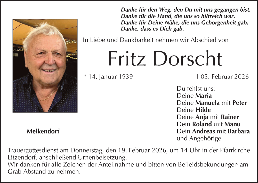  Traueranzeige für Fritz Dorscht vom 14.02.2026 aus MGO